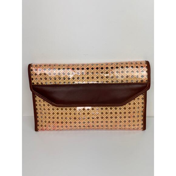 VINTAGE Raffia Rattan Leather Trim Woven Clutch Purse Handbag & Zip Pouch Bag - Picture 4 of 16